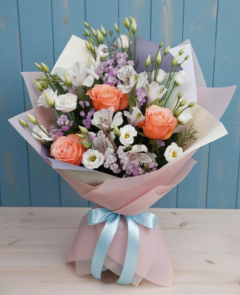 Букет цветов из: Лизиантусы, Розы, Альстромерии и Гипсофила в Хатукае